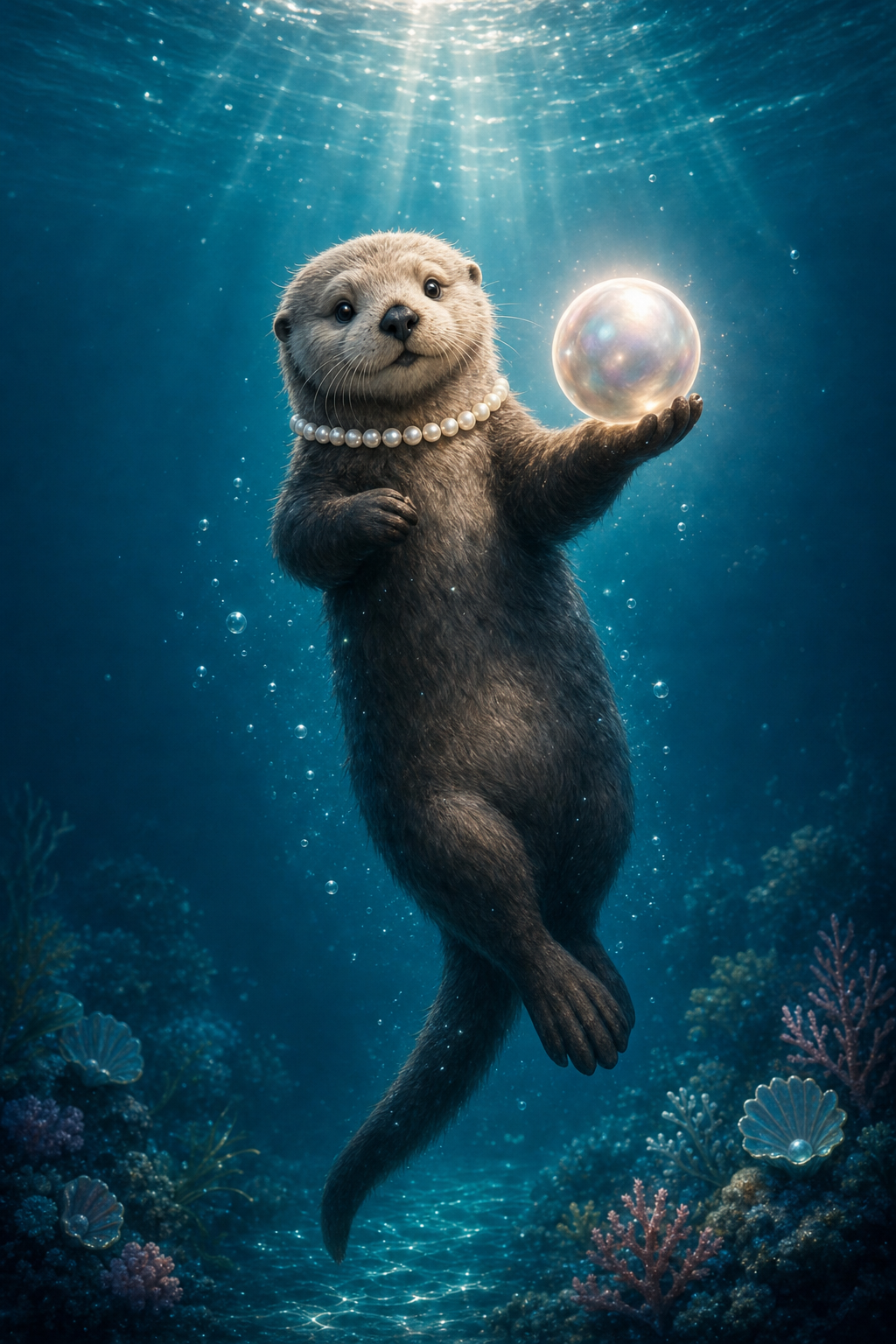 Pearl the sea otter presenting a glowing pearl